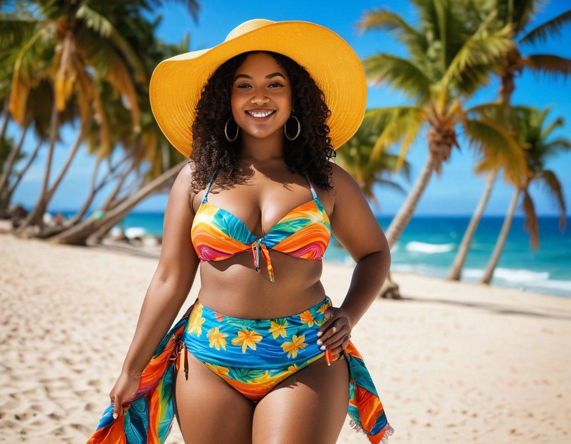 A confident, curvy woman in a stylish, vibrant bikini, joyfully posing on a sunlit beach, showcasing her beautiful big hips. Surround her with colorful beach accessories like towels, hats, and tropical drinks, reflecting a lively summer vibe. The background features gentle waves and palm trees swaying in the breeze, emphasizing a carefree atmosphere. Bright colors, warm lighting. super-realistic. vibrant colors.