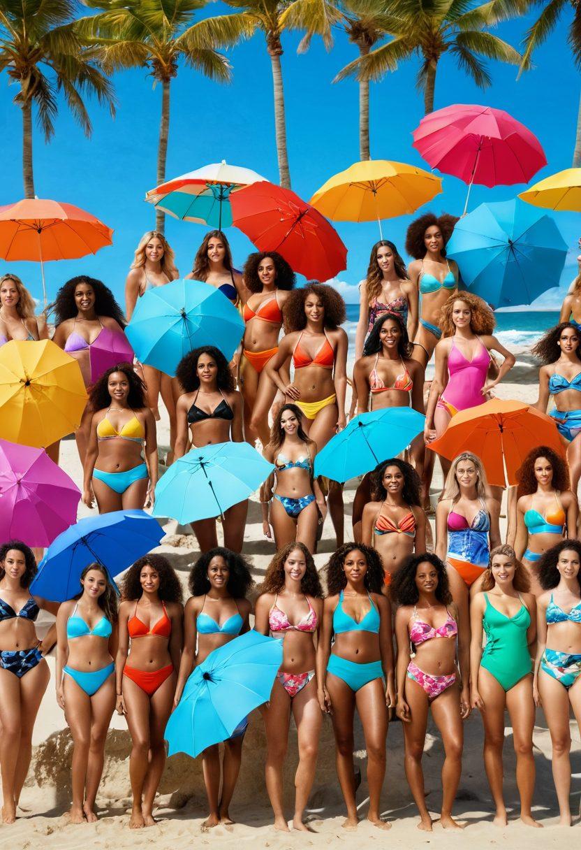 A stunning collage of diverse models showcasing trendy swimwear on a sun-kissed beach, with colorful beach umbrellas in the background. Each model confidently displays different body types and swimwear styles, from sporty bikinis to classy one-pieces, reflecting empowerment and inclusivity. Vibrant beach scenery with splashes of ocean waves and playful palm trees enhances the lively atmosphere. The scene captures a joyful summer vibe, inviting viewers to embrace their own beach style. super-realistic. vibrant colors. sunny beach background.