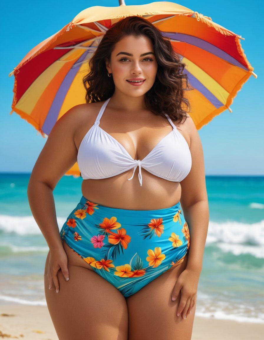 A confident, curvy woman wearing a fashionable high-waisted bikini and a stylish thong swimsuit, joyfully posing on a sunny beach with vibrant blue waters in the background. The scene captures the beauty and empowerment of embracing body positivity, with playful waves and colorful beach umbrellas adding to the lively atmosphere. Bright and inviting summer vibes. super-realistic. vibrant colors. beach setting.